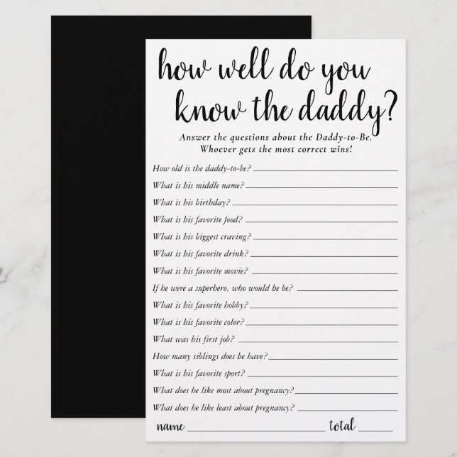 Simple How Well Do You Know Daddy | Black Keepsake (Front/Back)