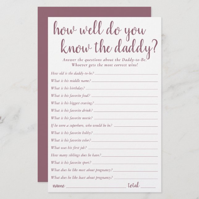 Simple How Well Do You Know Daddy | Mauve Card (Front/Back)