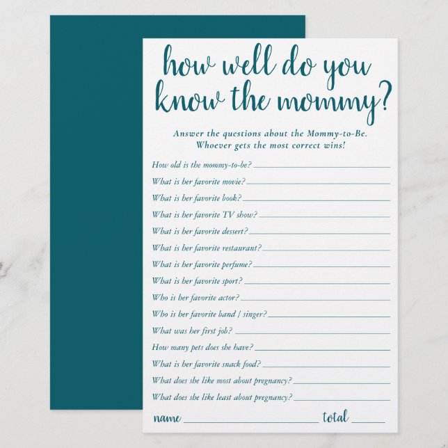 Simple How Well Do You Know Mommy | Teal Keepsake (Front/Back)