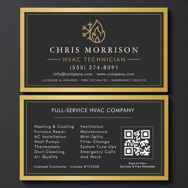 Simple HVAC Technician QR Code Gold Metallic Business Card (Creator Uploaded)
