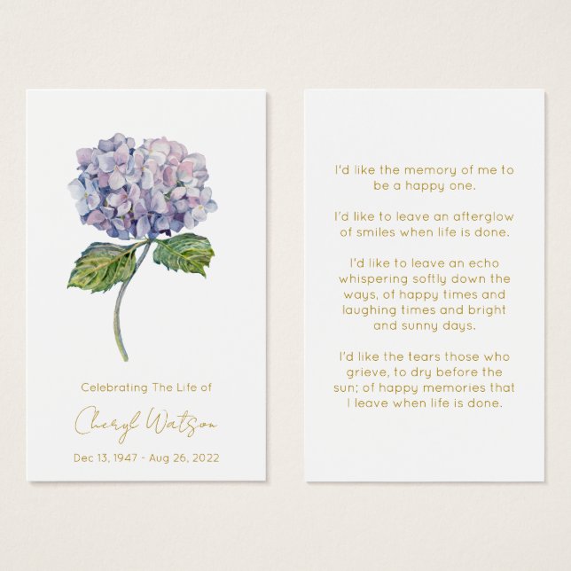 Simple Hydrangea Funeral Memorial Prayer Card (Front & Back)