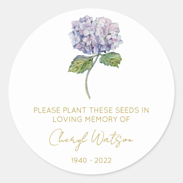 Simple Hydrangea Memorial Seed Packet Classic Round Sticker (Front)