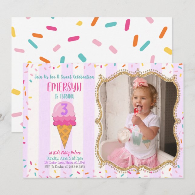 Simple Ice Cream Party Invitation With Photo (Front/Back)
