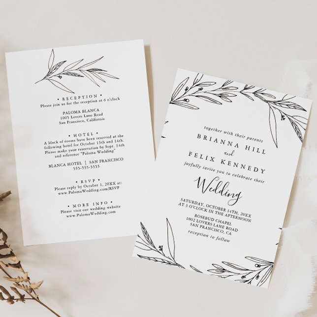 Simple Illustrated Foliage Front & Back Wedding Invitation (Creator Uploaded)