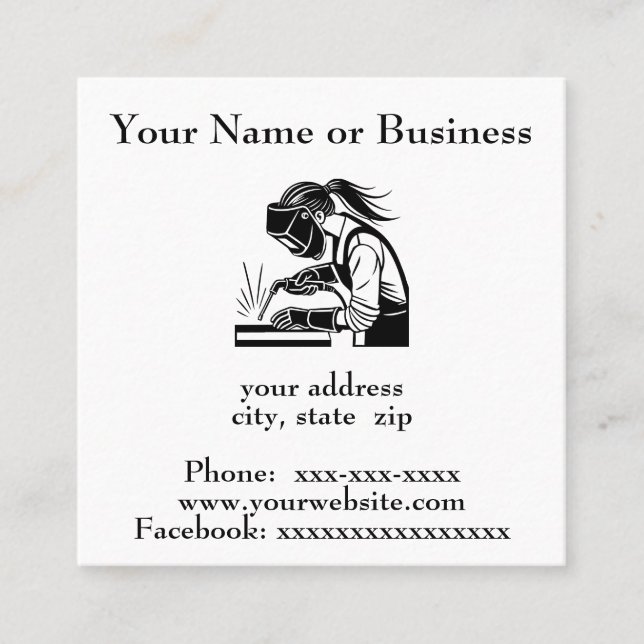 Simple image of female welder square business card (Front)