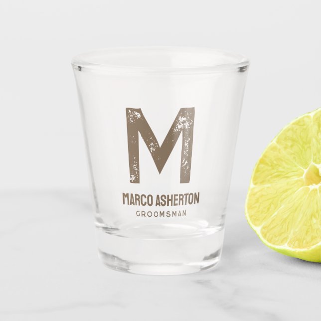 Simple initial and name neutral bachelor party shot glass (Front)