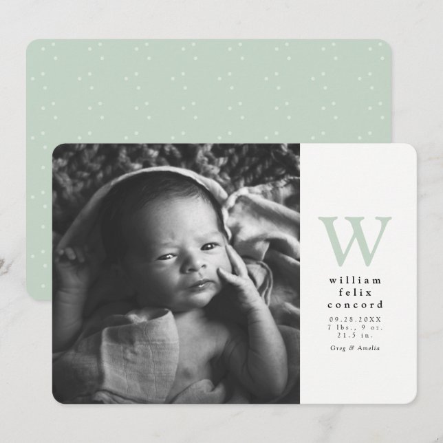 Simple initial one photo green birth announcement (Front/Back)