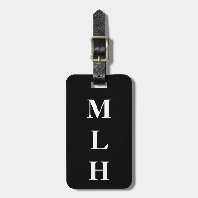 Simple Initials Monogram Sleek Solid Black Luggage Tag (Front Vertical)