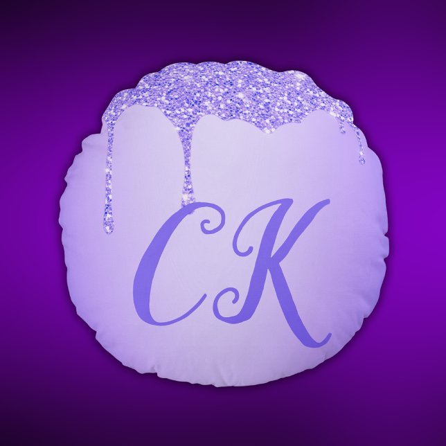 Simple - Initials Monogram with Purple Glitter | Round Pillow (Creator Uploaded)