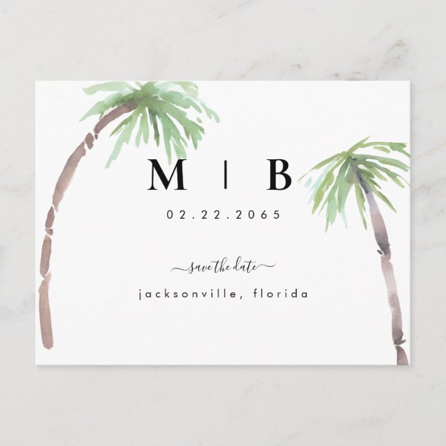 Simple Initials Tropical Wedding Save the Date  Postcard (Front)