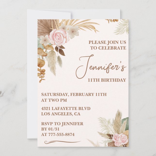 Simple invitation à 11e anniversaire Boho Floral m (Devant)