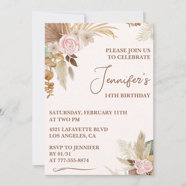 Simple invitation à 14ème anniversaire Boho Floral (Devant)