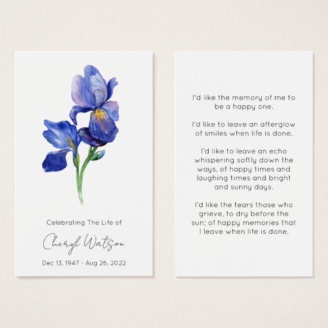 Simple Iris Funeral Memorial Prayer Card (Front & Back)