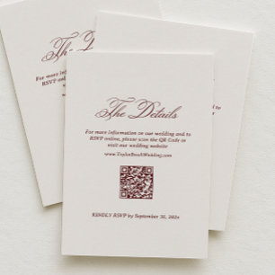 Simple Ivory and Burgundy Wedding Details Qr Code Enclosure Card