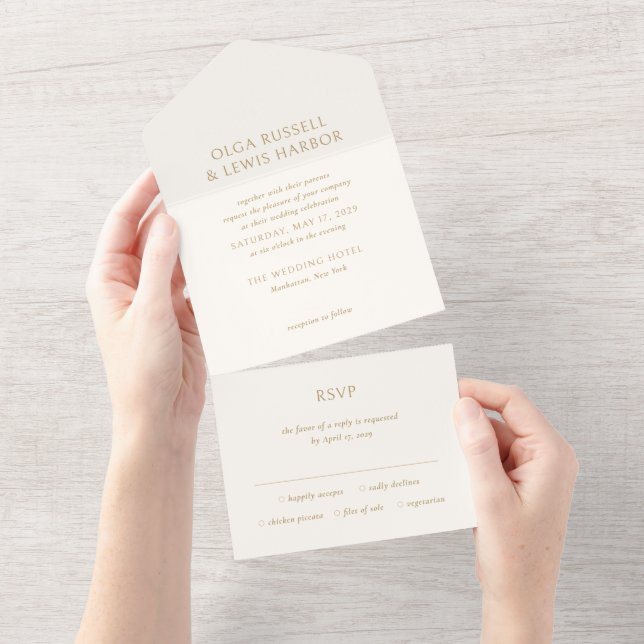 Simple Ivory and Gold Modern Wedding All In One Invitation (Tearaway)