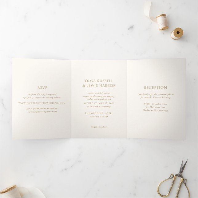Simple Ivory and Gold Modern Wedding Tri-Fold Invitation (Inside)