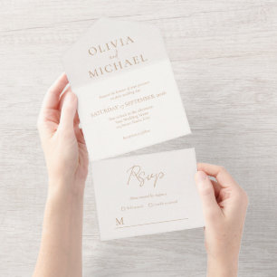 Simple Ivory and Tan Modern Wedding All In One Invitation