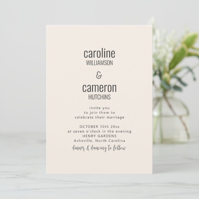 Simple Ivory Black Modern Typography Wedding Invitation (Standing Front)