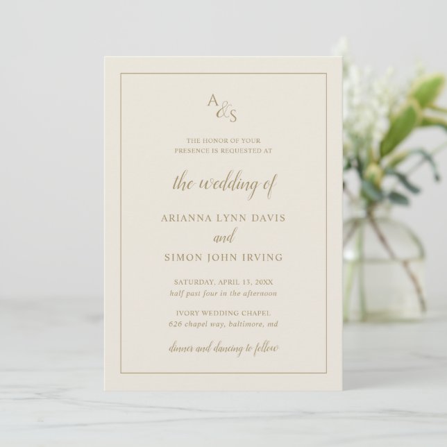 Simple Ivory Gold Monogram Formal Elegant Wedding Invitation (Standing Front)