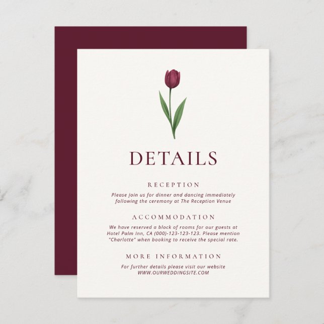 Simple Ivory Minimalist Tulip Wedding Details Enclosure Card (Front/Back)