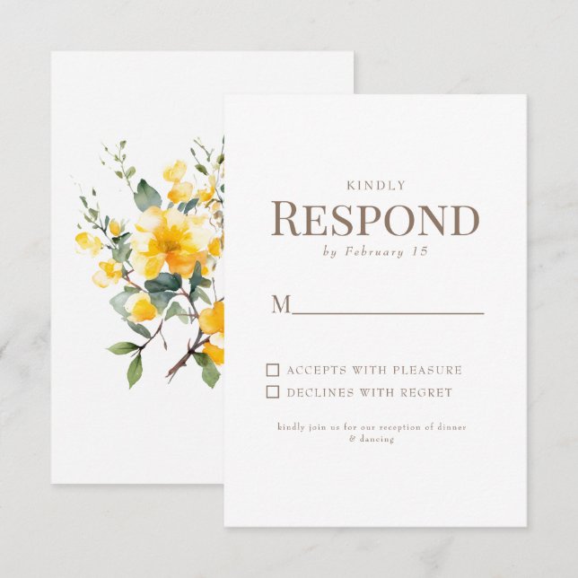 Simple Jaune Floral Texte Or Blanc Mariage RSVP (Devant / Derrière)