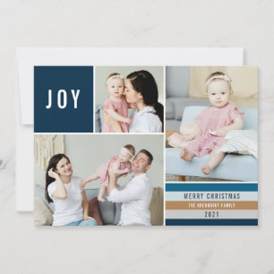 Simple Joy 3 Photo Collage Modern Stripes   Navy Holiday Card