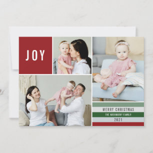 Simple Joy 3 Photo Collage Modern Stripes   Red Holiday Card