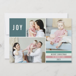 Simple Joy 3 Photo Collage Modern Stripes Teal Holiday Card