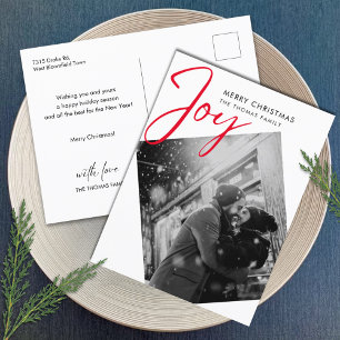 Simple Joy Christmas Minimalist Red Photo Holiday Postcard