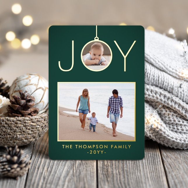 Simple Joy Christmas Ornament Dark Green 2 Photo Foil Holiday Card (Creator Uploaded)