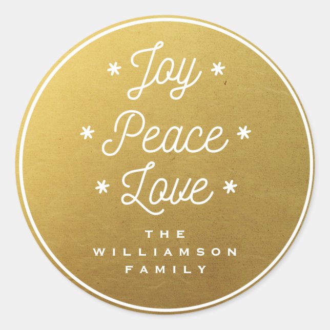 Simple Joy Peace Love Hand-Lettered Trendy Gold Classic Round Sticker (Front)