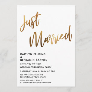 Simple Just Married Gold Calligraphy Reception Invitation