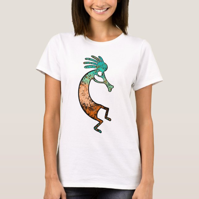 Simple Kokopelli drawing in Orange and blue T-Shirt (Front)
