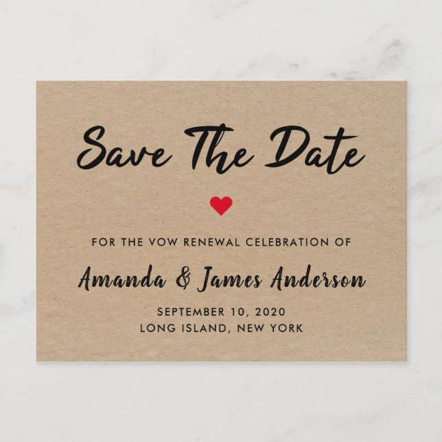 Simple Kraft Vow Renewal Save The Date Postcard (Front)