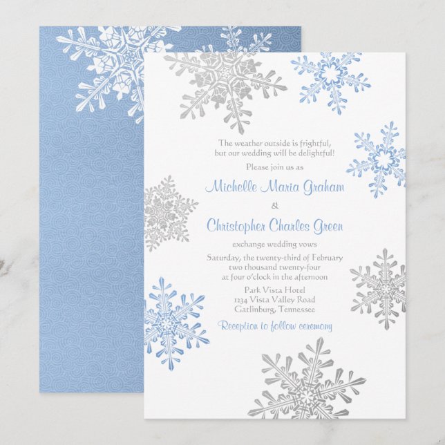 Simple Lapis Blue Silver Winter Snowflake Wedding Invitation (Front/Back)