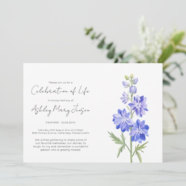 Simple Larkspur Celebration of Life  Invitation (Standing Front)