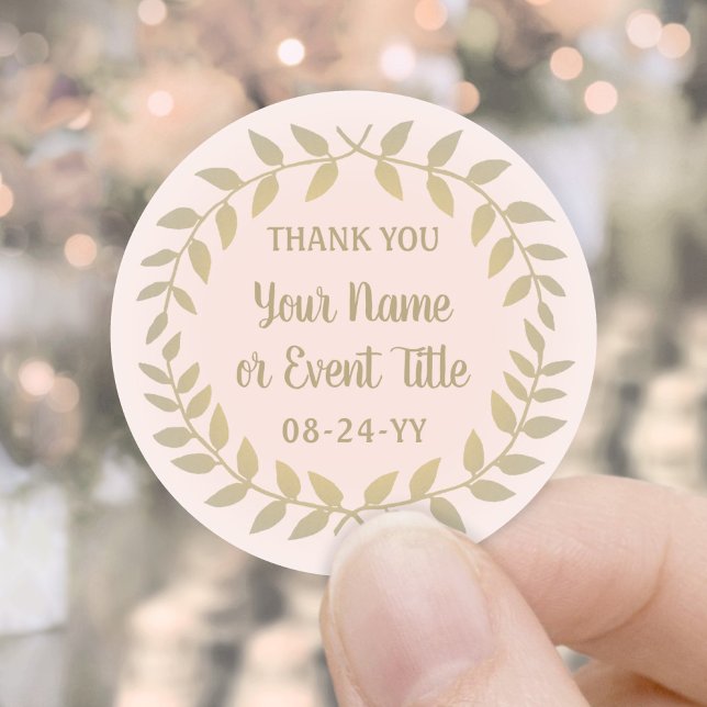 Simple Laurel Wreath Blush Pink and Gold Thank You Classic Round Sticker (Creator Uploaded)