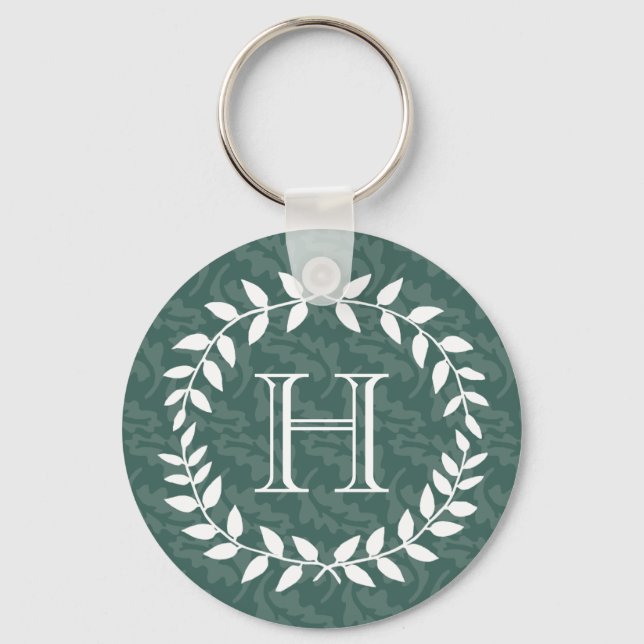 Simple Laurel Wreath Greenery Monogram Rustic Keychain (Front)