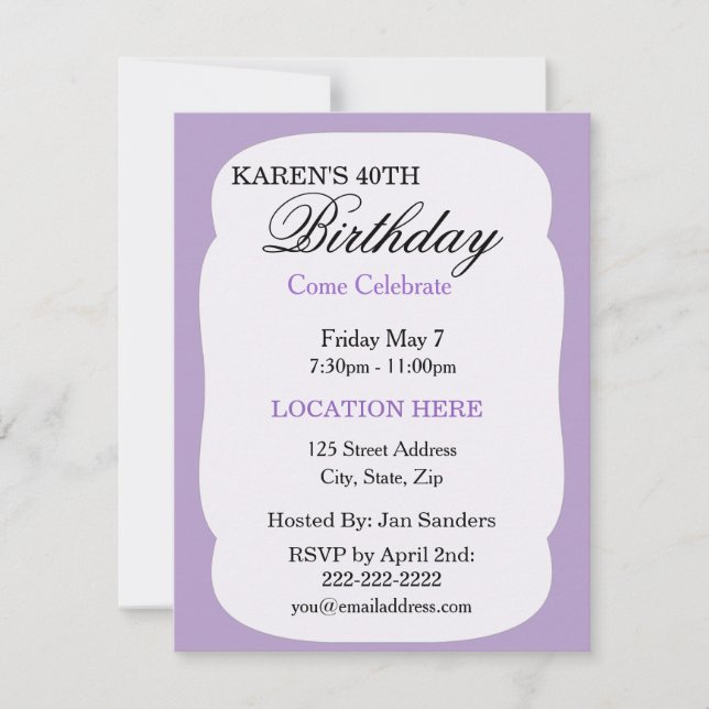 Simple lavender Birthday Party Invitations (Front)