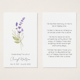 Simple Lavender Funeral Memorial Prayer Card