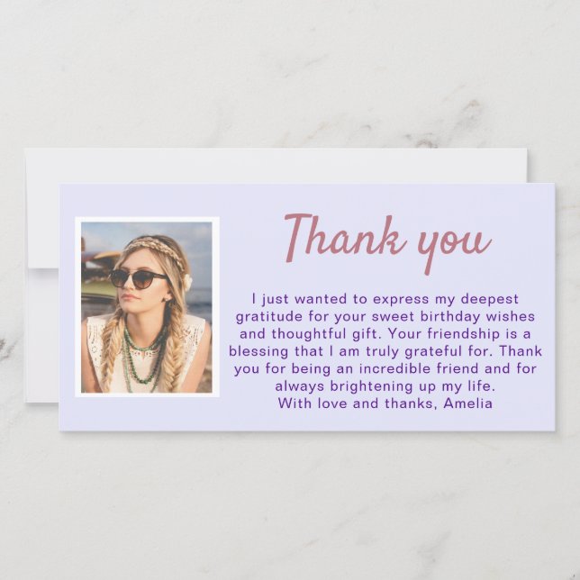 Simple Lavender Purple Photo Birthday  Thank You Card (Front)