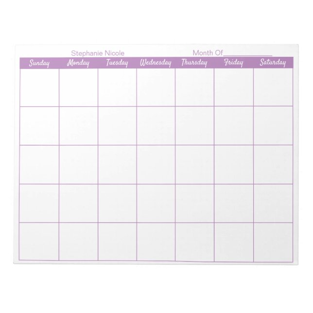Simple Lavender Thin Border Name Monthly Planner Notepad (Front)