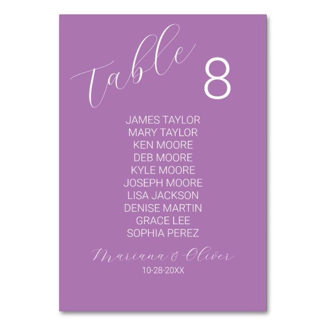 Simple Lavender White Table Number Card with Names (Front)