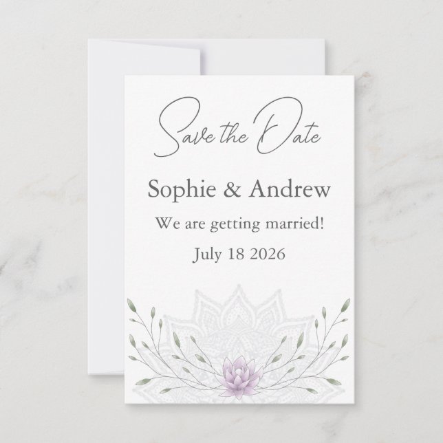 Simple Leaf and Pink Lotus with Mandala Wedding Save The Date (Front)