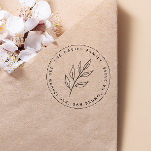 Simple Leaf Round Name & Return Address Rubber Stamp