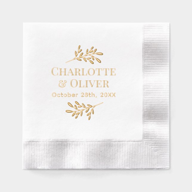 Simple Leafy Branches Couple Names Date #2 R Foil Napkins (Front)