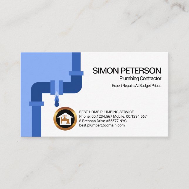 Simple Leaking Blue Plumbing Pipe Plumber Business Card (Front)