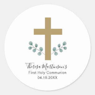Simple Leaves and Cross First Holy Communion Classic Round Sticker