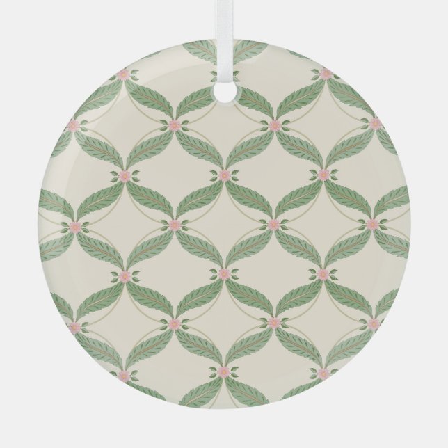 Simple Leaves Flowers Grid Pattern Glass Ornament (Front)