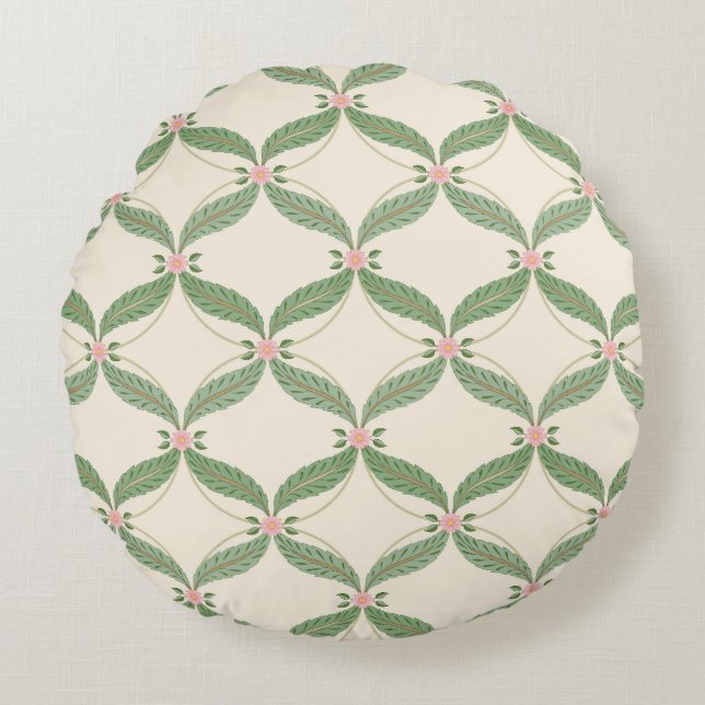 Simple Leaves Flowers Grid Pattern Round Pillow (Front)